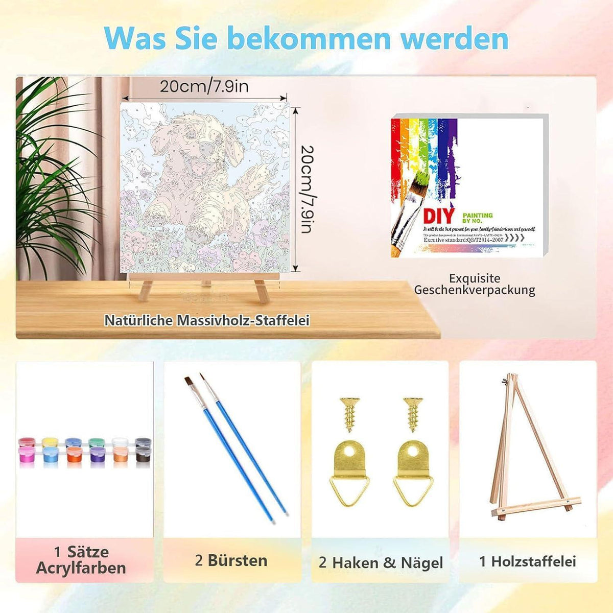 Malen nach Zahlen Kinder mit Rahmen – Hund Motiv 20x20 cm