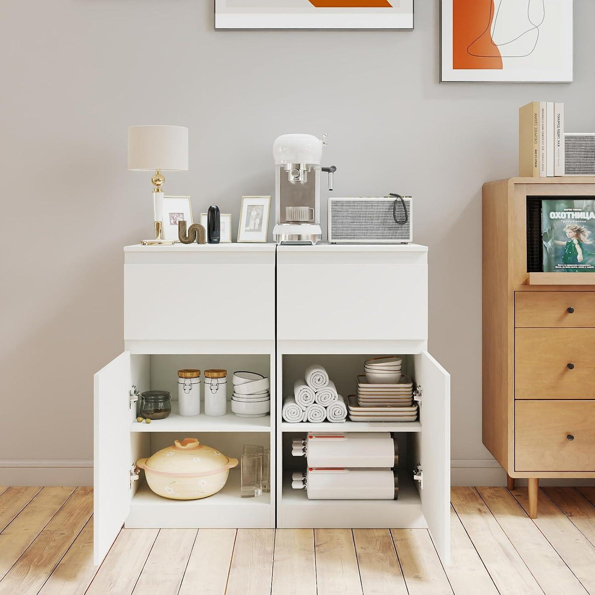 2er-Set Kommoden Weiß mit Schublade & Tür – Schlafzimmer Möbel