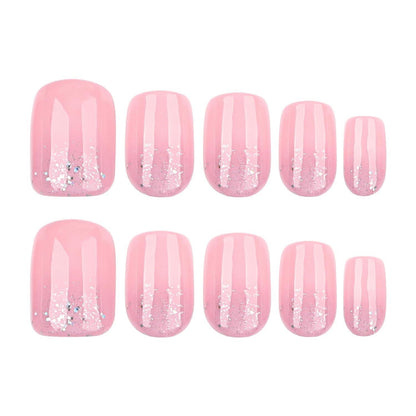 Rosa Glitzer Press On Nails - Kurze, Square Fake Nails mit Kleber