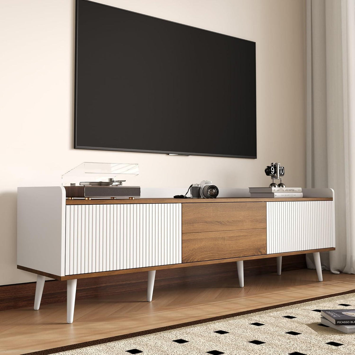 TV Lowboard Weiß & Holz mit 3 Türen (160x39x49,5cm)
