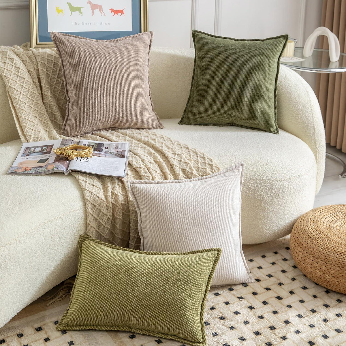 2x Chenille Kissenbezug Moosgrün 30x50 cm - Weiche Boho Deko