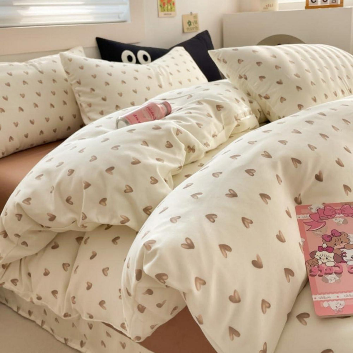Bettwäsche Set 200x220 Beige Braun Herzen Mädchen