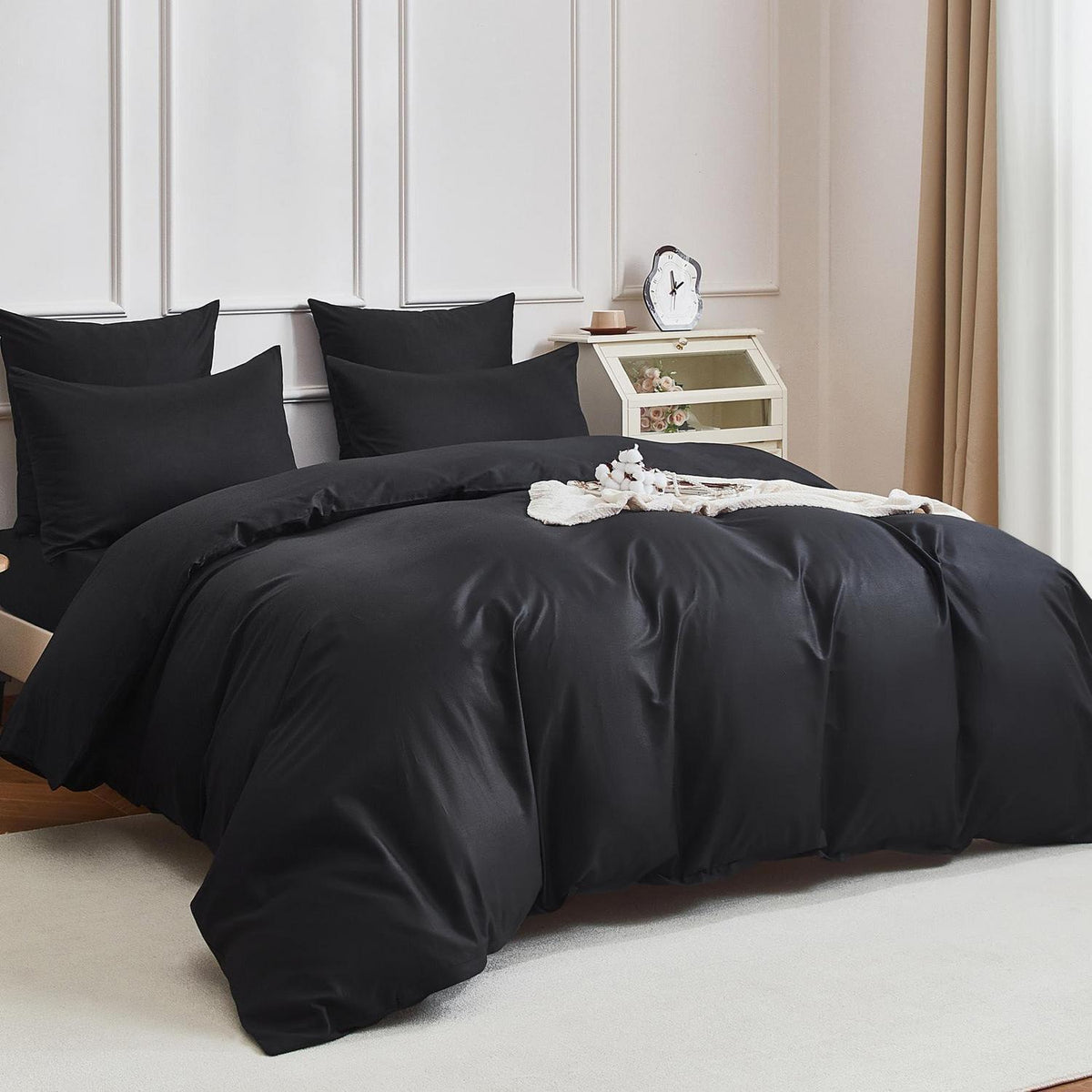 Baumwoll Bettwäsche Set 220x240 Schwarz – 3-teilig, Kühlend & Weich
