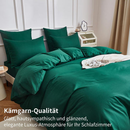 Dunkelgrüne Bettwäsche 135x200 - 4-teilig, 100% Baumwolle