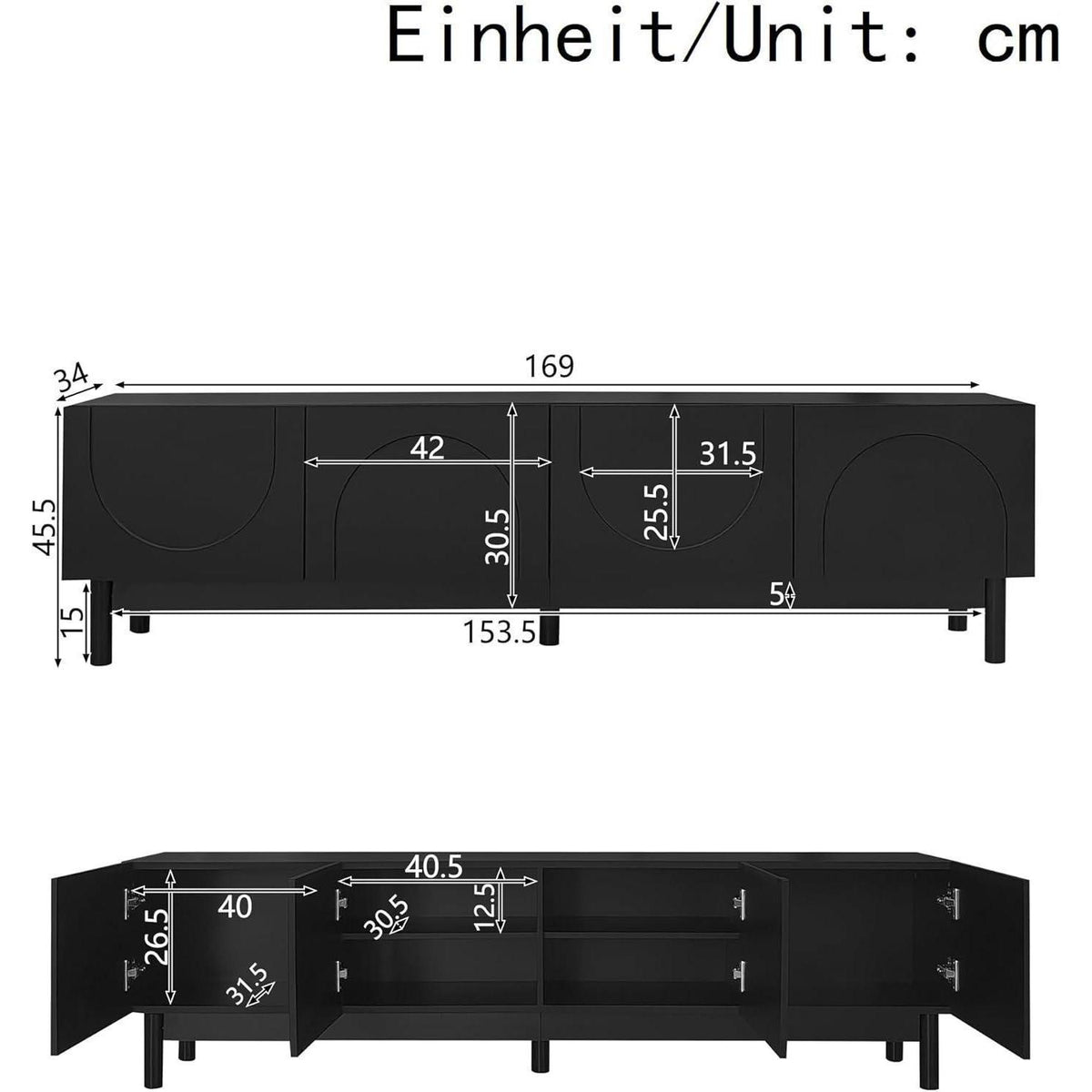 Schwarzer TV-Schrank mit Wellenförmigen Türen & Stauraum (169cm)