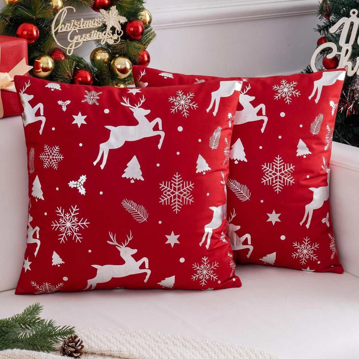 2er Set Weihnachtskissenbezug 50x50 cm - Rot, Elch & Schnee