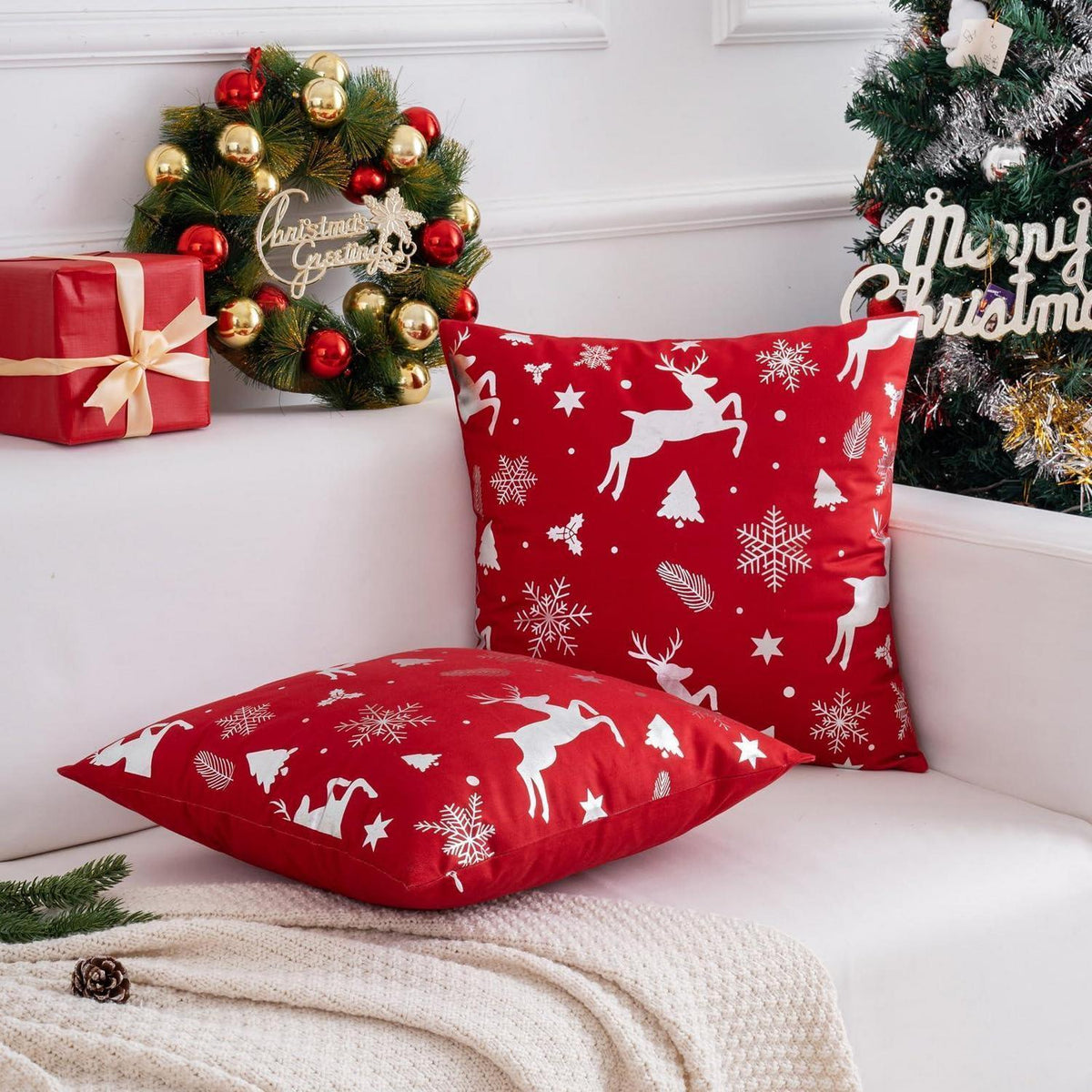 2er Set Weihnachtskissenbezug 50x50 cm - Rot, Elch & Schnee