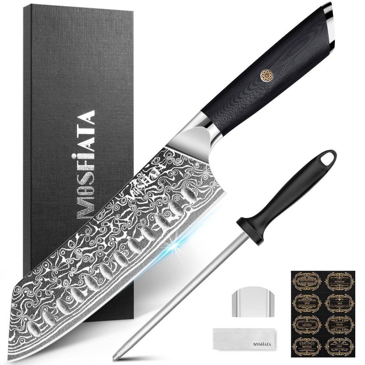 Damast Santoku Messer | Japanisches Kochmesser mit Wetzstahl