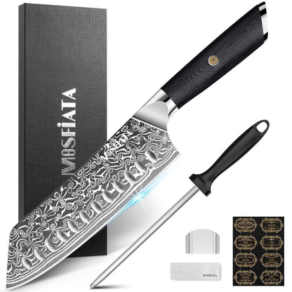 Damast Santoku Messer | Japanisches Kochmesser mit Wetzstahl