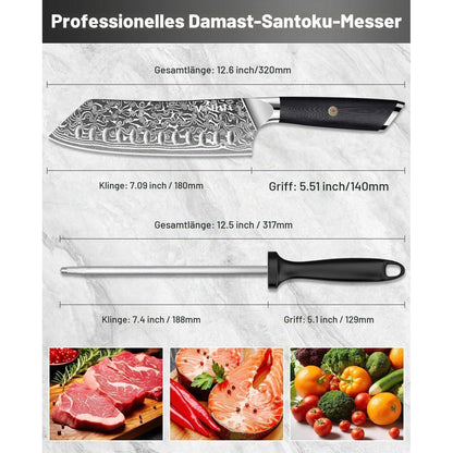 Damast Santoku Messer | Japanisches Kochmesser mit Wetzstahl