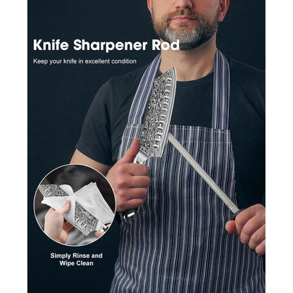 Damast Santoku Messer | Japanisches Kochmesser mit Wetzstahl