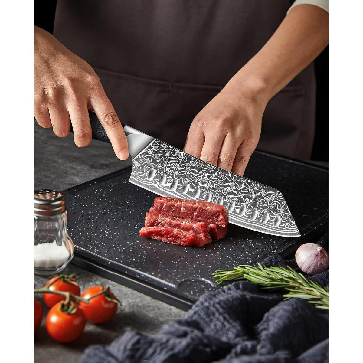 Damast Santoku Messer | Japanisches Kochmesser mit Wetzstahl