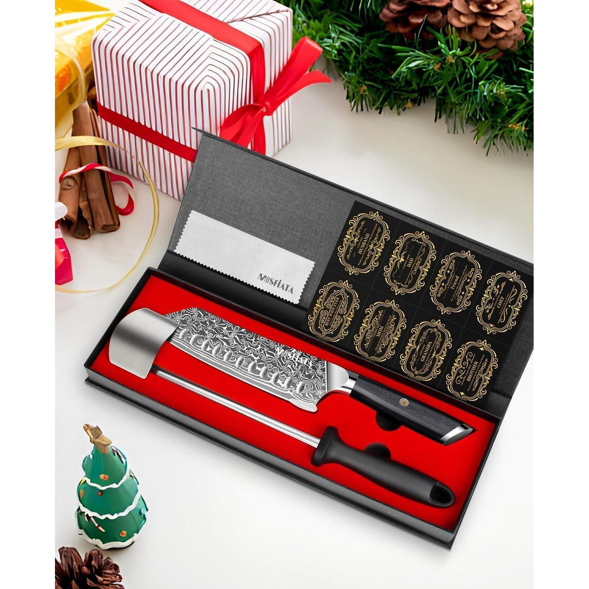 Damast Santoku Messer | Japanisches Kochmesser mit Wetzstahl