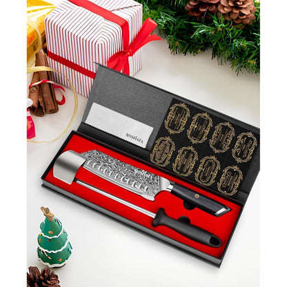 Damast Santoku Messer | Japanisches Kochmesser mit Wetzstahl