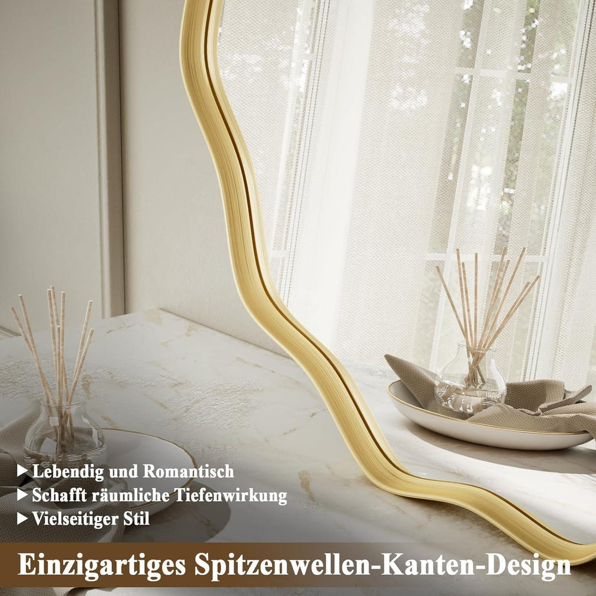 Runder Wandspiegel mit gewelltem Rand, Gold 105cm