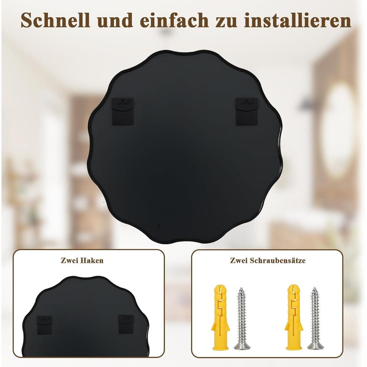 Runder Wandspiegel mit gewelltem Rand, 105 cm Schwarz