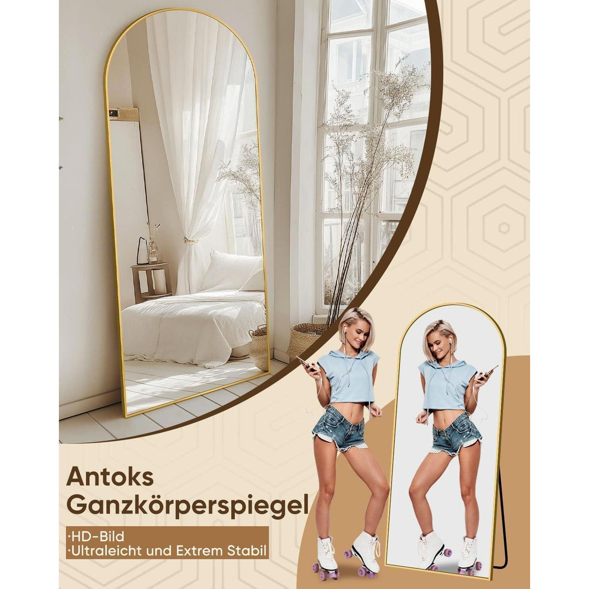 Gewölbter Ganzkörperspiegel mit Aluminiumrahmen – 161x52 cm