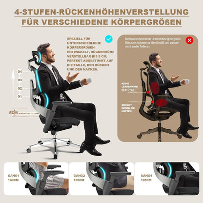 Ergonomischer Bürostuhl mit Lendenwirbelstütze, 200 kg belastbar