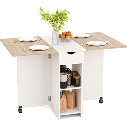 Klapptisch mit Schublade und Rollen, Eiche & Weiß