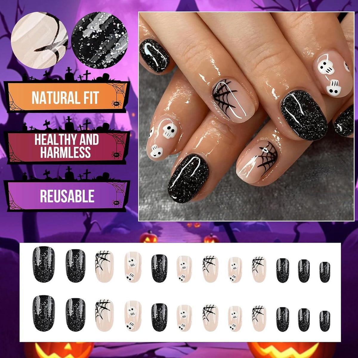 24 Nude Schwarz Press On Nails – Halloween Spinnennetz Design