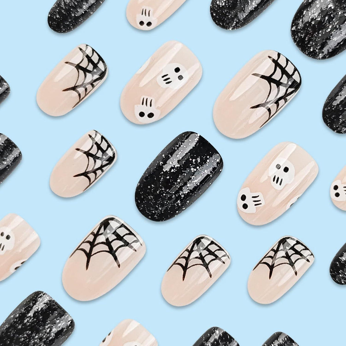 24 Nude Schwarz Press On Nails – Halloween Spinnennetz Design