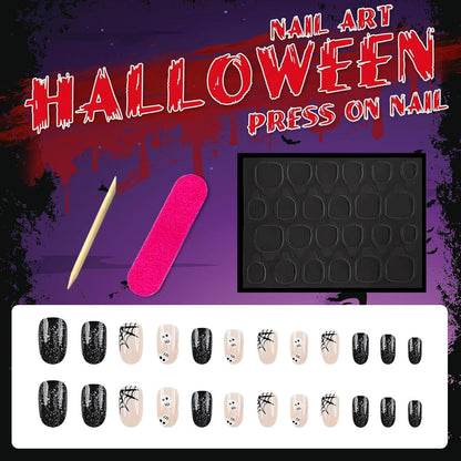 24 Nude Schwarz Press On Nails – Halloween Spinnennetz Design