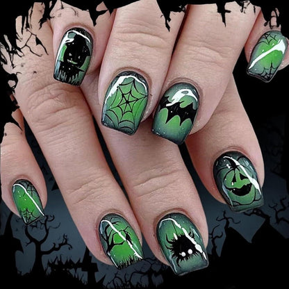24 Halloween Nägel Aufkleben Kurz Eckig Grün Kürbis Spinnennetz