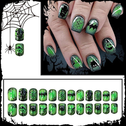 24 Halloween Nägel Aufkleben Kurz Eckig Grün Kürbis Spinnennetz