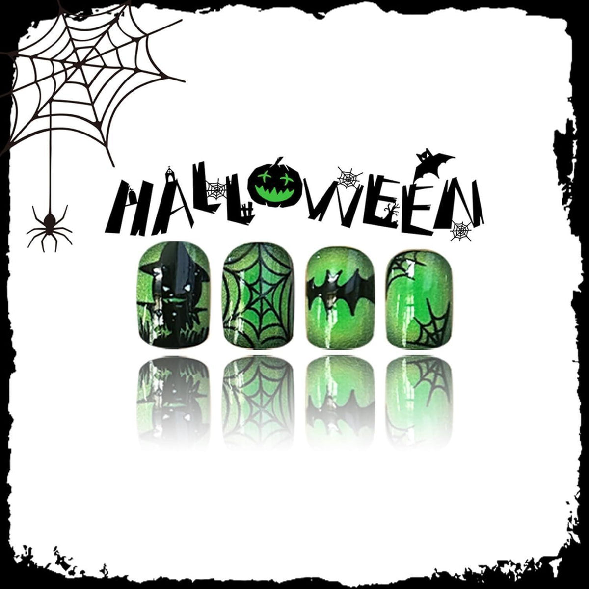 24 Halloween Nägel Aufkleben Kurz Eckig Grün Kürbis Spinnennetz