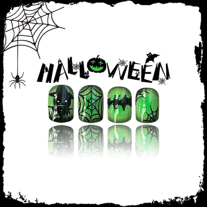 24 Halloween Nägel Aufkleben Kurz Eckig Grün Kürbis Spinnennetz