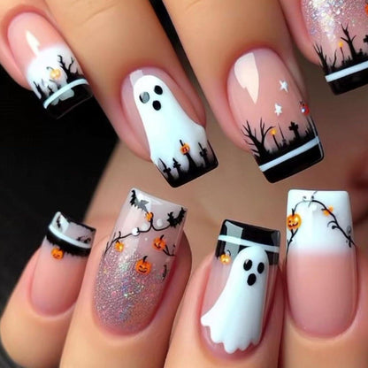 24 Eckige Halloween Nägel Schwarz Glitzer & Nude Rosa Press On Nails