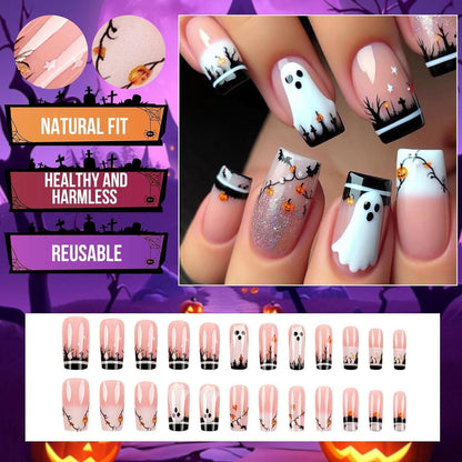 24 Eckige Halloween Nägel Schwarz Glitzer & Nude Rosa Press On Nails