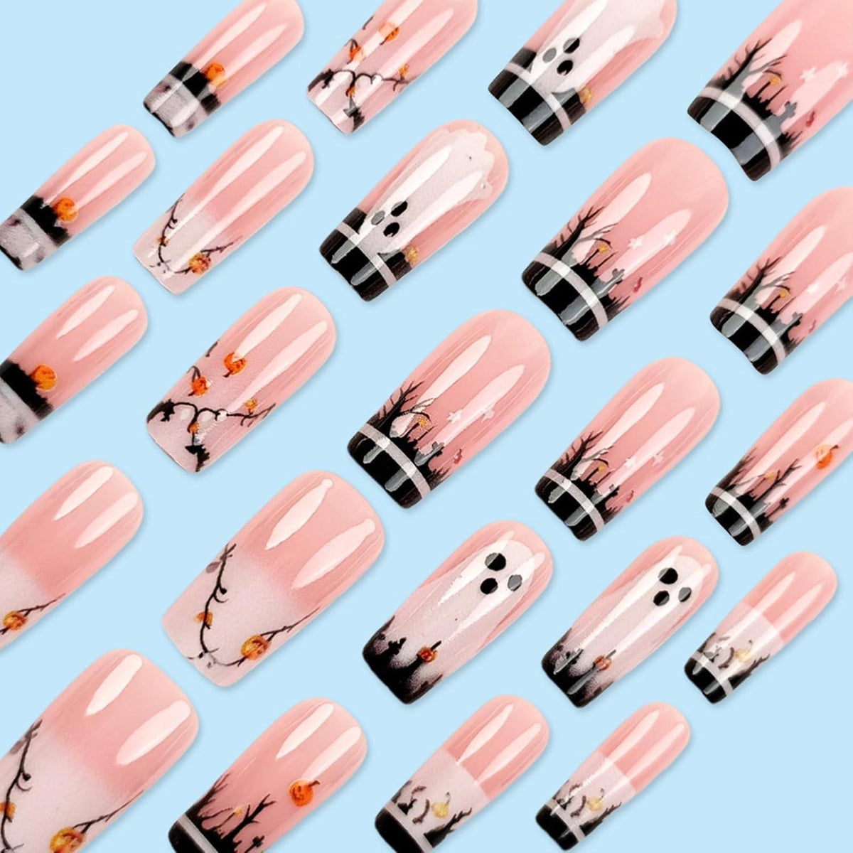 24 Eckige Halloween Nägel Schwarz Glitzer & Nude Rosa Press On Nails