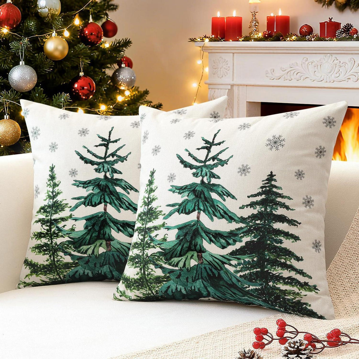Weihnachtliche Kissenbezüge 2er Set 45x45 cm Baum & Schneeflocken
