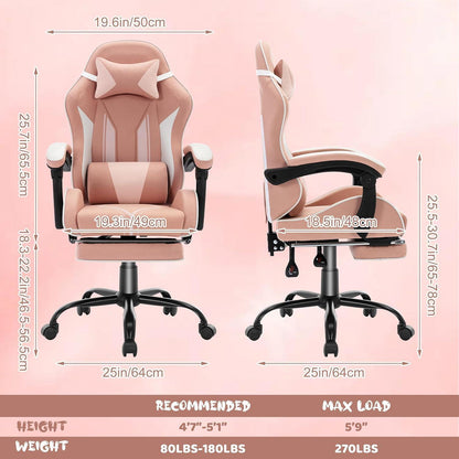 Ergonomischer Gaming Stuhl mit Fußstütze & Lendenkissen – Rosa
