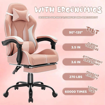 Ergonomischer Gaming Stuhl mit Fußstütze & Lendenkissen – Rosa