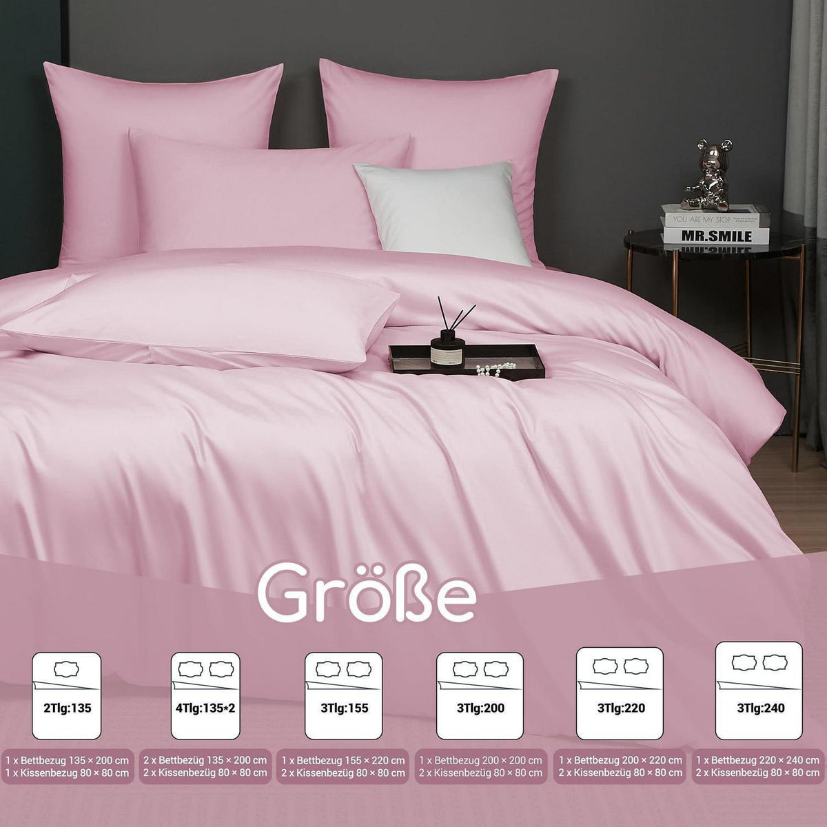 Mako Satin Bettwäsche Set Rosa Altrosa 200x220 cm 3-teilig