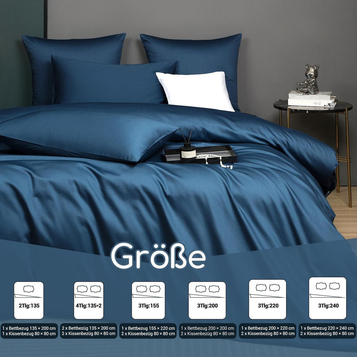 Mako Satin Bettwäsche Set 155x220 Petrol Blau Baumwolle