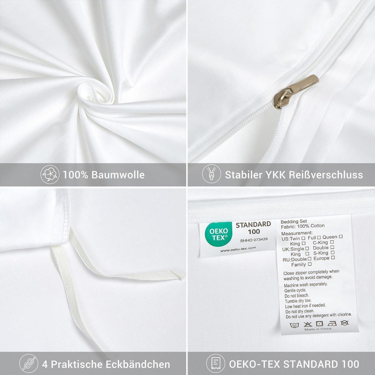 Mako Satin Bettwäsche 135x200 Weiß 4tlg. Baumwolle