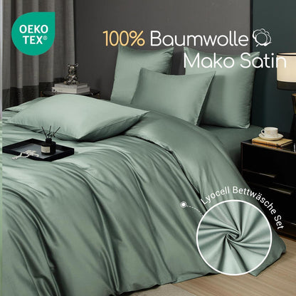 Mako Satin Bettwäsche Set Grün 200x200 cm, 3-teilig