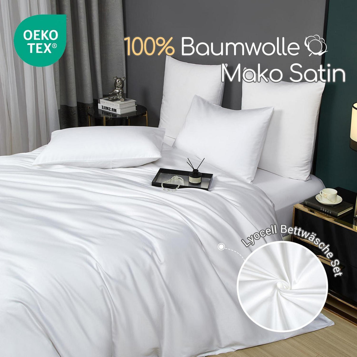 Mako Satin Bettwäsche Set 200x220 Weiß 3-teilig Baumwolle