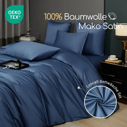 Mako Satin Bettwäsche Set 200x220 Blau Marine 3-teilig