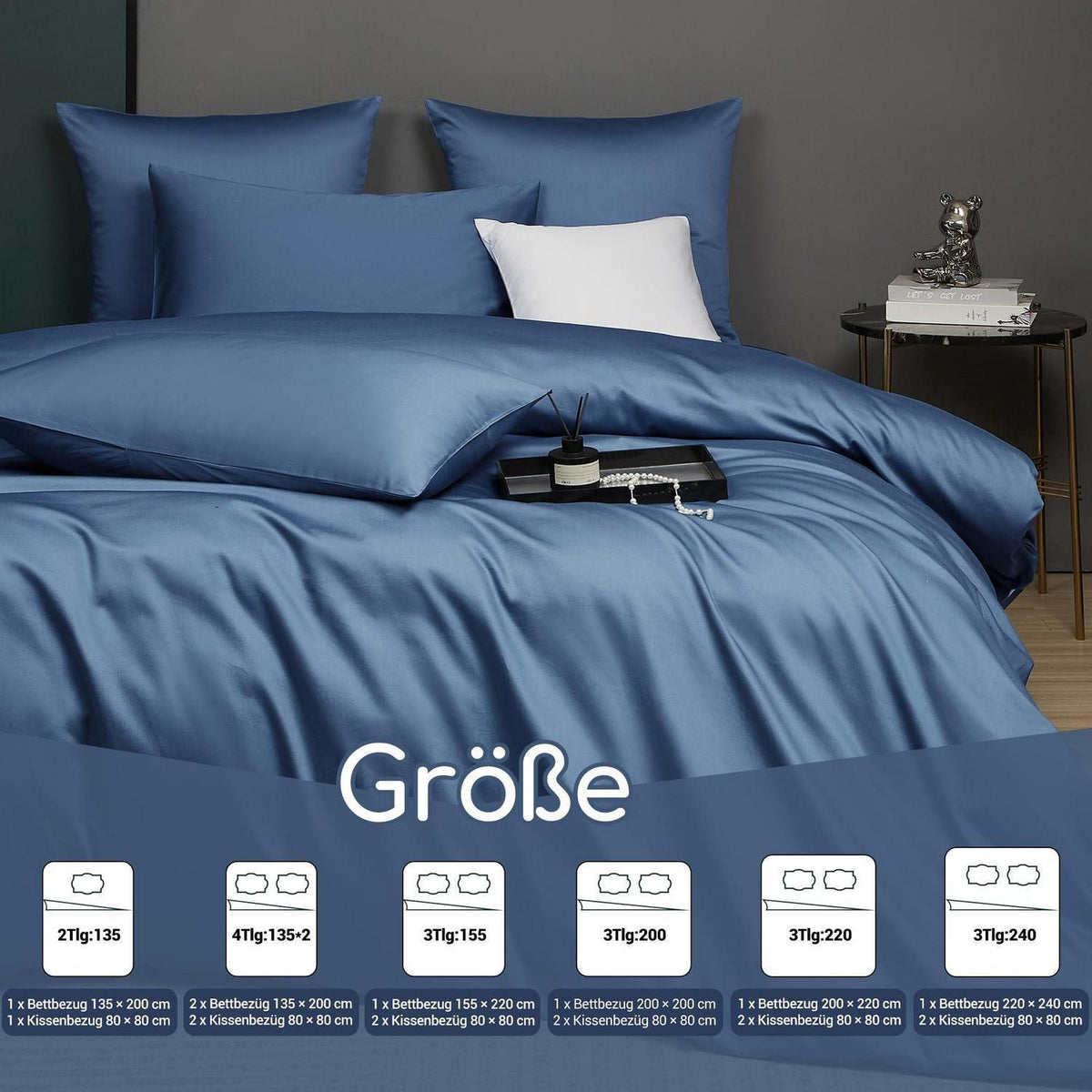 Mako Satin Bettwäsche Set 200x220 Blau Marine 3-teilig