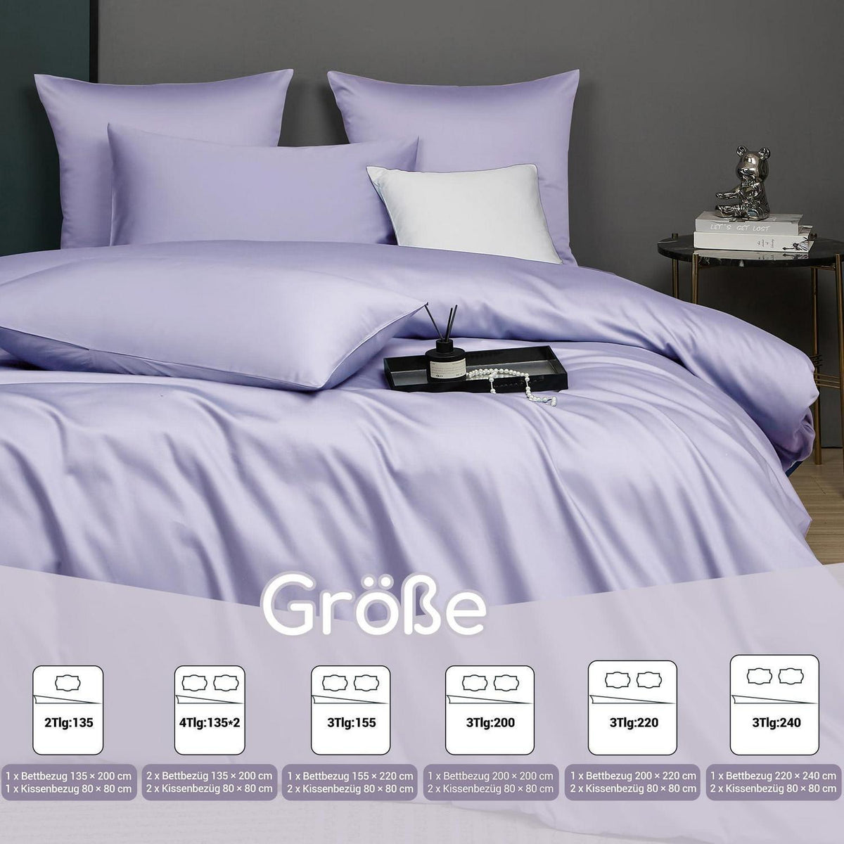 Mako Satin Bettwäsche Set Lila 200x200 cm, 3-teilig