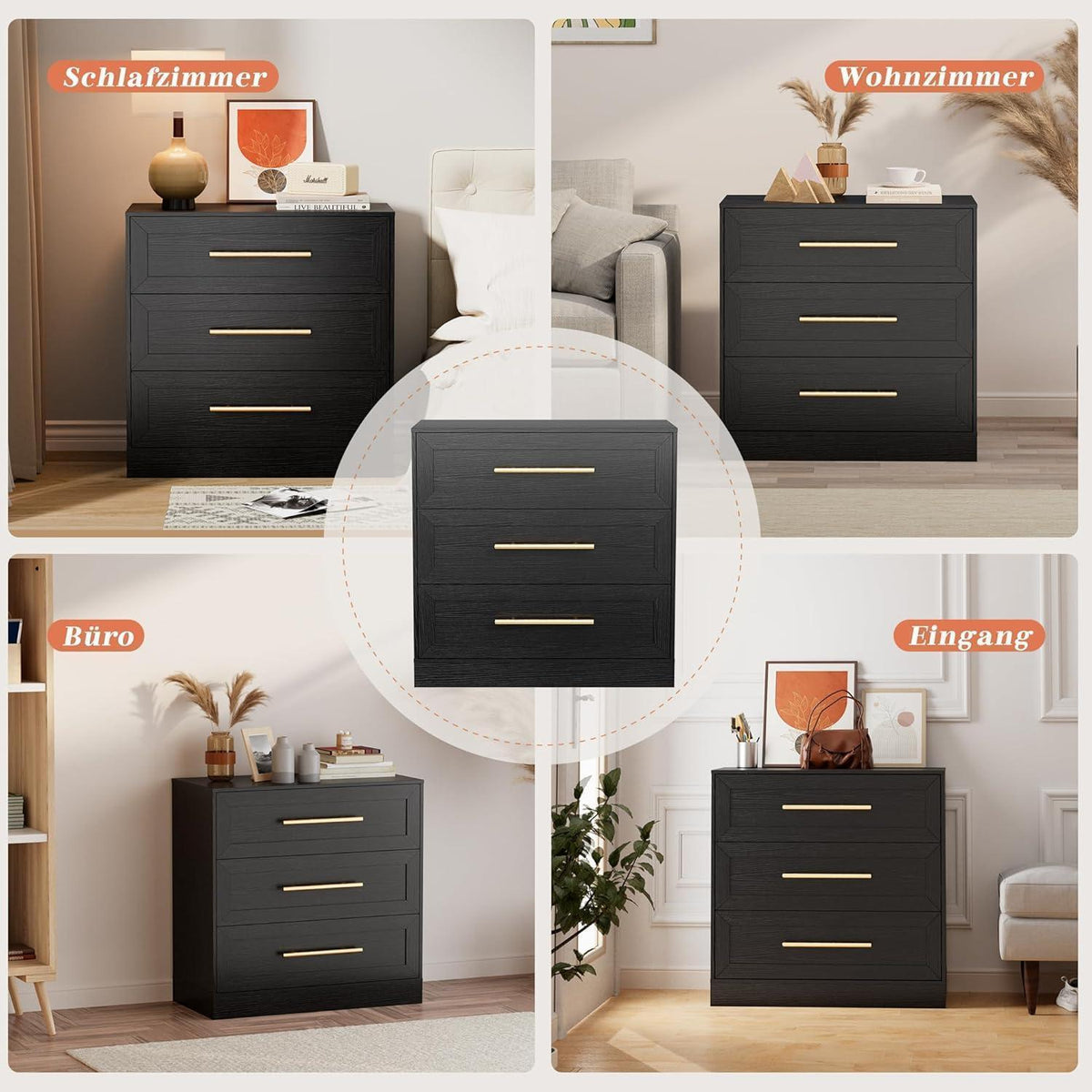 3 Schubladen Kommode Schwarz - Modernes Sideboard für Schlafzimmer