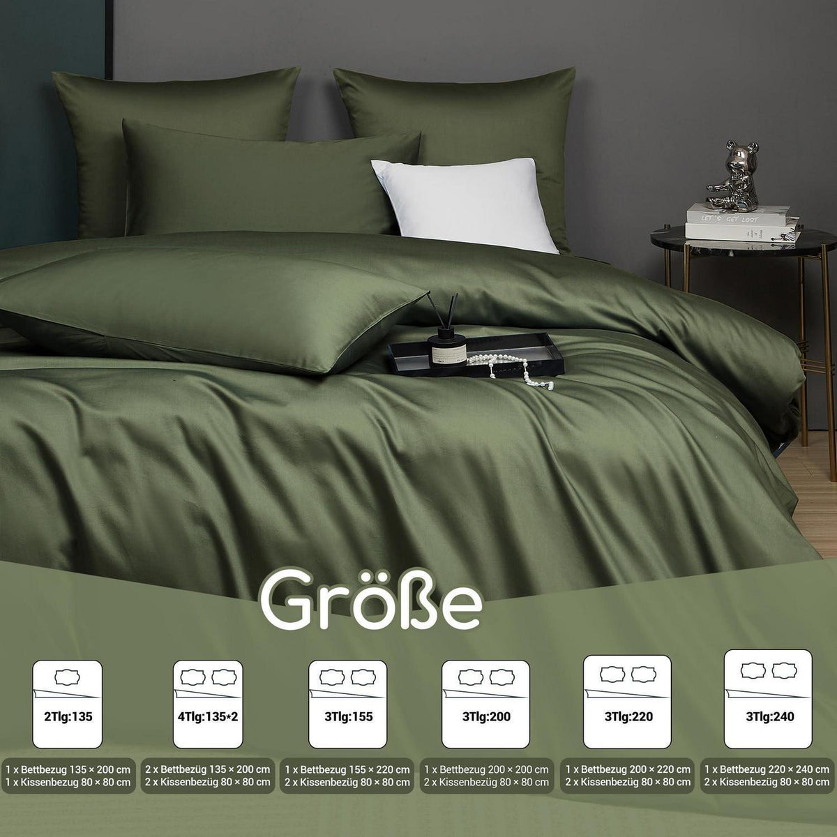 Mako Satin Bettwäsche Set 220x240 Dunkelgrün Baumwolle