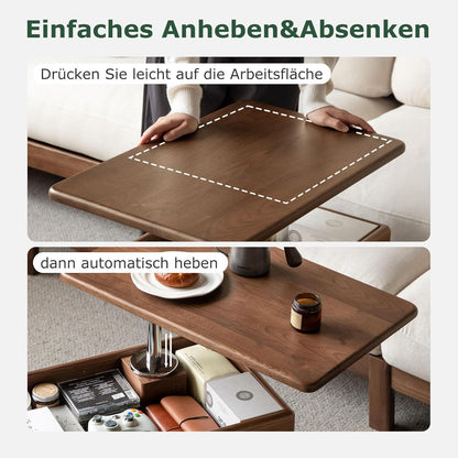 Massivholz Couchtisch Eiche, Höhenverstellbar & Drehbare Tischplatte