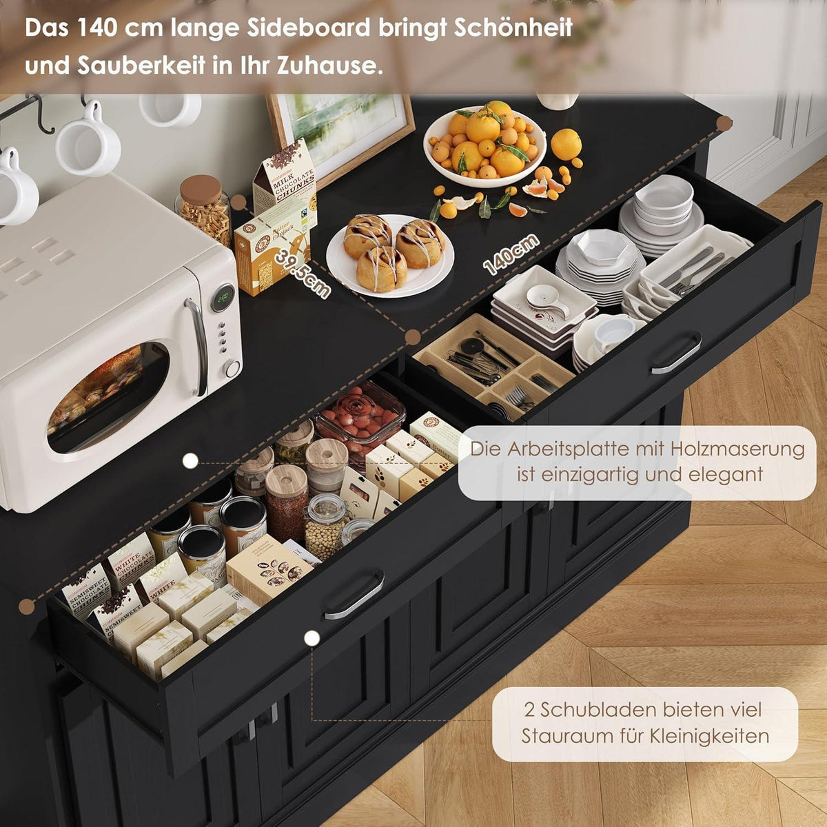 Küchenschrank 140cm mit Arbeitsplatte – Multifunktionales Sideboard