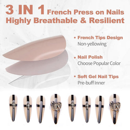 24 Press On Nails Lang Mandel Schwarz Goth Schmetterling Design