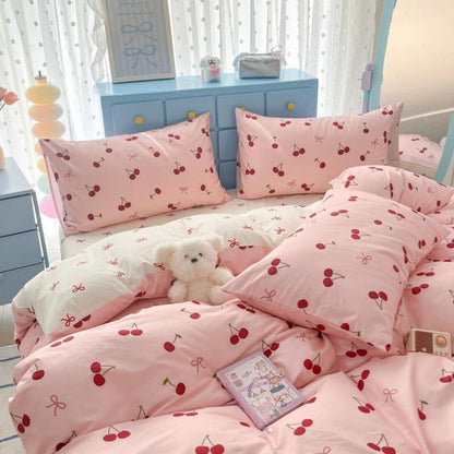 Mädchen Bettwäsche Set 135x200 Rosa Rot Kirschen Schleifen